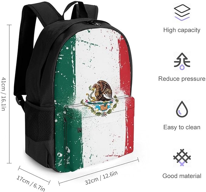 Men Women Lightweight Cool Mexican Flag Art Casual Daypack Big Capacity Bookbag With Padded Straps for Gym Travel Walking Cycling