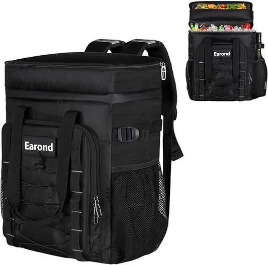 25L Insulated Cooler Backpack with Waterproof Zipper & Multi-Compartment Design Leakproof Lunch Bag for Beach, Camping, Office - Spacious Thermal Light-Weight Backpack for Men and Women-Black