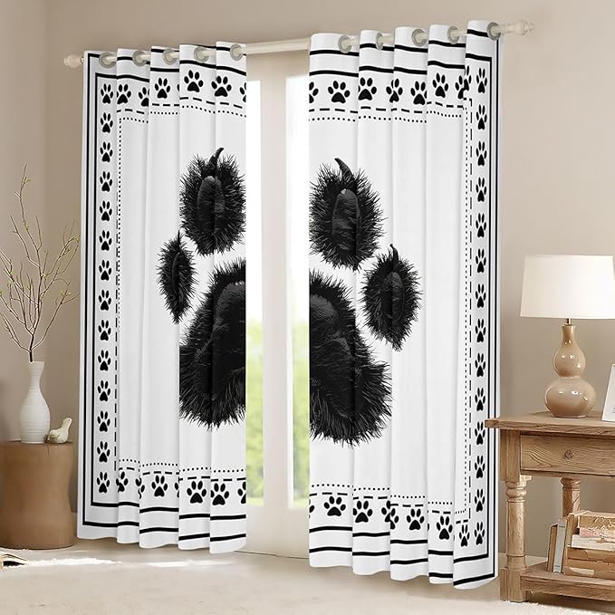 Manfei Bear Paw Print Blackout Curtains Black Claw Print Window Drapes,Wild Animal Footprints Window Treatments,Kids Boys Girls Room Decor,Grommet Top 2 Panel Set Bedroom Curtains, 52Wx90L inch