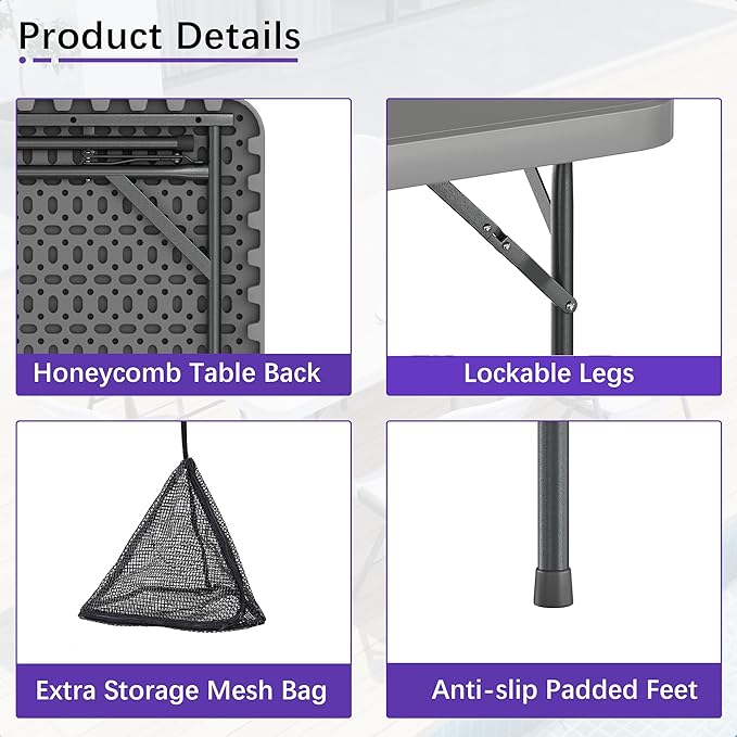 VECELO Folding Card Table Square with Mesh Bag, Heavy-Duty Collapsible Locking Legs & Easy to Storage, Portable for Indoor/Outdoor Use, Light Grey