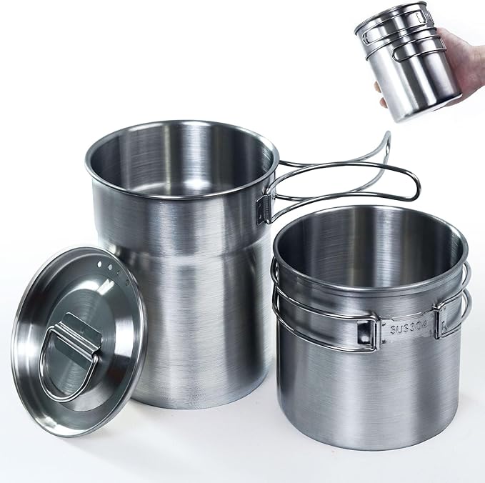 Foldable Camping Cups Mugs Camping Pot Cookware 304-Food-Grade Outdoor Camp Cooking Set with Vented lid,Stainless Steel Backpacking Cookware for Hunting