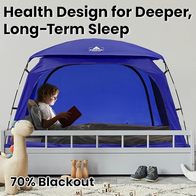 Twin Bed Tent for Boys Healthier Sleep & Privacy with Built-in Fan Pocket for Improved Airflow, CPC Certified Light Blocking Sensory Bed Tent for Boys' Sleep Independence, Sleepover(Blue)