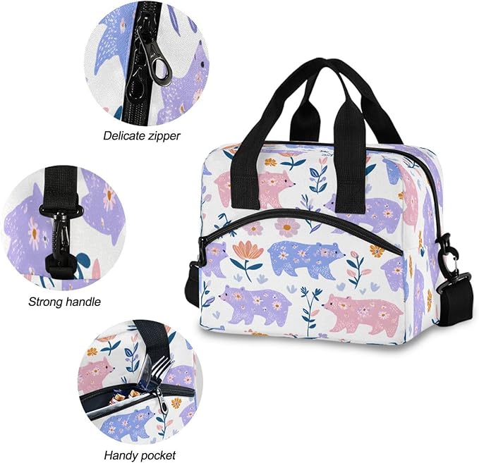 ALAZA Bear Flower Pattern Lunch Box for Men Women Adults Insulated Lunch Bag Cooler Bag with Adjustable Shoulder Strap for Work Picnic Travel