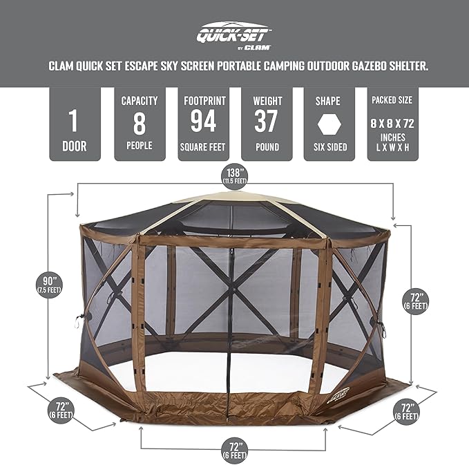 Clam Quick-Set Sky Screen Shelter – 8-Person Pop-Up Tent with Screened Roof for Airflow & Stargazing, 140" x 140", Brown, Instant Setup, Oversized Carry Bag – Camping, Tailgating, Outdoor Use