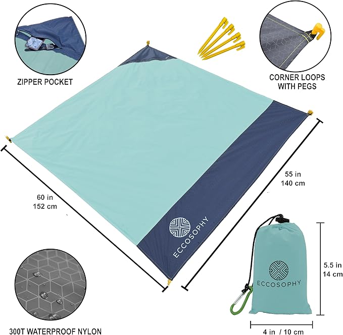ECCOSOPHY Sand Proof Beach Blanket - Waterproof Picnic Blanket 60x55 Outdoor Compact Pocket Blanket Lightweight Ground Cover for Hiking Camping Festivals Sports Travel with Bag & Stakes (Pistachio)