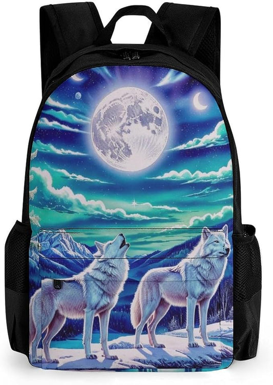 Supdreamc Polyester Daypack for Camping Travel Walking Cycling, Big Capacity Anti-Theft Multipurpose Bookbag, Wolves Moon Aurora Art Camping Outdoor Backpack