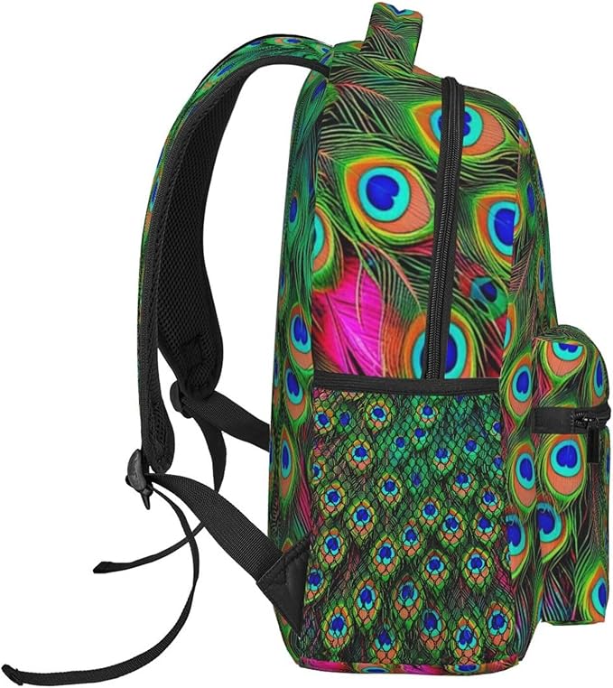 Daypack Backpack Anti-Theft Multipurpose Big Capacity Bookbag, Colorful Peacock Feather Art Business Computer Bag With Side Pockets