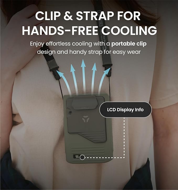 Claymore Clip Fan Khaki – Portable Rechargeable Neck Waist Wearable Fan with 5200mAh Battery, 5-Speed Quiet BLDC Motor, Hands-Free Neck Strap Design, USB-C Charging Camping, Hiking, Outdoor Use