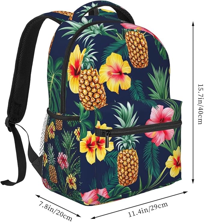 Polyester Daypack Backpack for Climbing Outdoors Running, Big Capacity Multipurpose Anti-Theft Bookbag, Hawaiian Flower Party Pineapple Art Travel Hiking Camping Rucksack