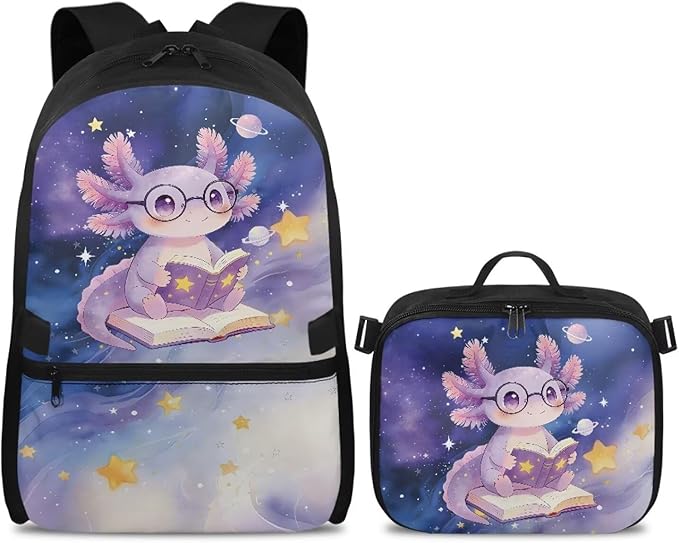 HUGS IDEA Reading Axolotl Girls Backpack and Lunch Bag School Bookbag for Elementary Pink School Bag Set for Girls 6-8 Lightweight Book Bag with Lunchbox Children Backpacks