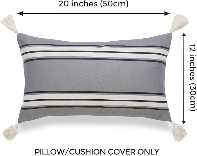 Hofdeco Neutral Decorative Lumbar Throw Pillow Cover ONLY, for Couch, Sofa, or Bed, Dark Gray Stripe Tassel, 12"x20"