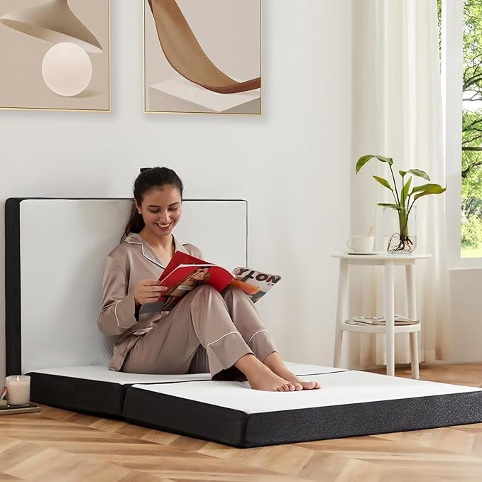 Folding Mattress, 4 inch Memory Foam Tri-Fold Mattress Topper with Washable Cover for Camping, oldable Bed, Guest beds, Portable Travel Mat, 75"×25"×4", White