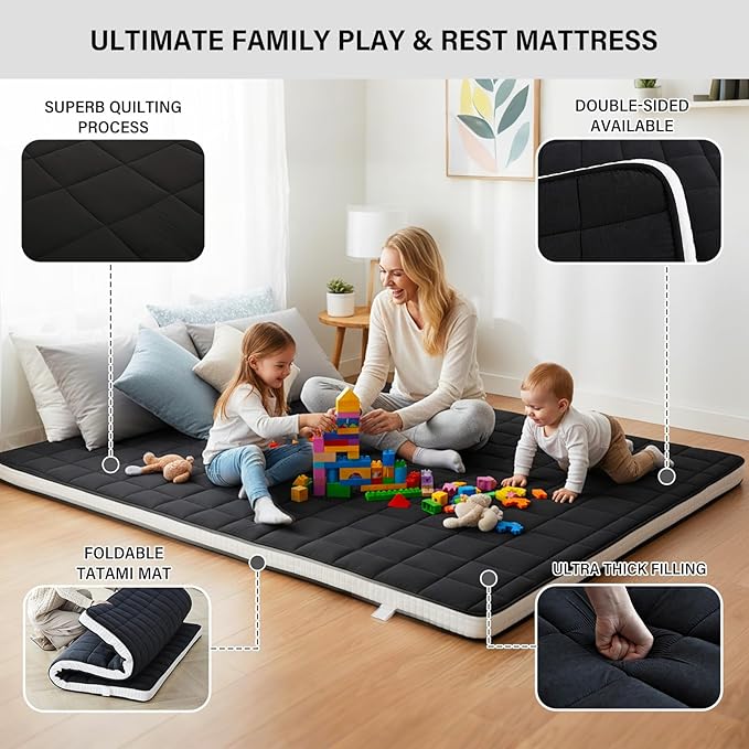 Tiita Japanese Floor Mattress, 4” Thicken Futon Mattress with Storage Bag and 2 Straps, Full Size Sleeping Tatami Mat for Adults，Black