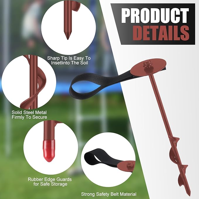 LEIFIDE 6 Set 12'' Brown Trampoline Stakes Ground Anchors Screw in Heavy Duty Trampoline Parts Spiral Stakes Earth Auger for Tents Canopies Swing Set Shed with Belt Straps