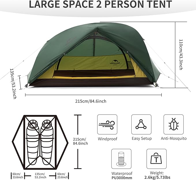 Naturehike Star River 2 Person Backpacking Tent, Lightweight Waterproof 2 Person Camping Tent, Double Layer Two Person Tents for Camping, Hiking, Cycling