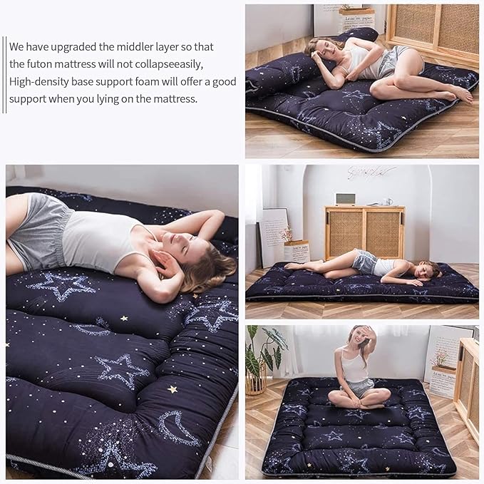 MAXYOYO Japanese Futon Mattress Floor Mattress Sleeping Pad Foldable Bed Roll Up Camping Cushion Floor Lounger Bed Couches and Sofas Couch Topper, Moon and Star, Full Size