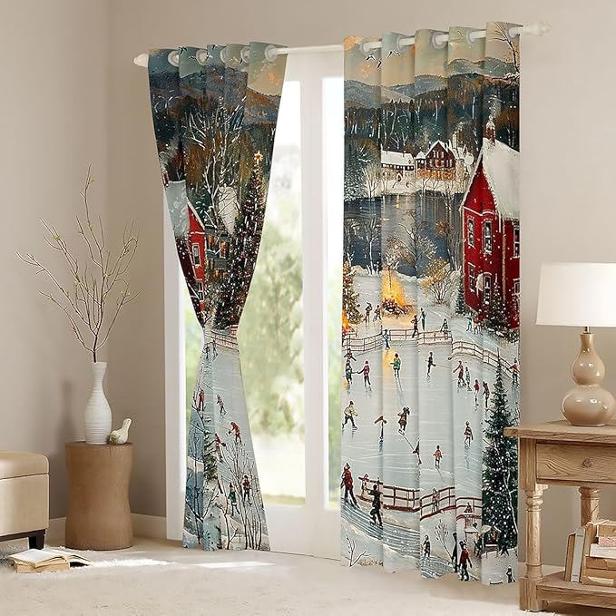 Manfei Skating Kids Blackout Curtains,Winter Sport Game Ice-Skating Nursery Bedroom Playroom Decor,Ice Skate Pine Snow Natural Window Drapes,Green 2 Panels,52Wx63L inch