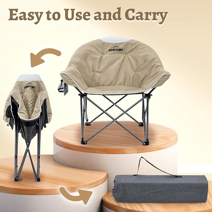 OUTDOOR LIVING SUNTIME Sofa Chair, Oversize Padded Moon Leisure Portable Stable Comfortable Folding Chair for Camping, Hiking, Carry Bag