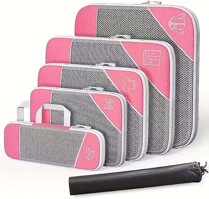 6Pcs Compression Packing Cubes Set, Waterproof Travel Luggage Organizer with Drawstring Bag, Lightweight Nylon Suitcase Storage Bags for Travel Camping Business Trip