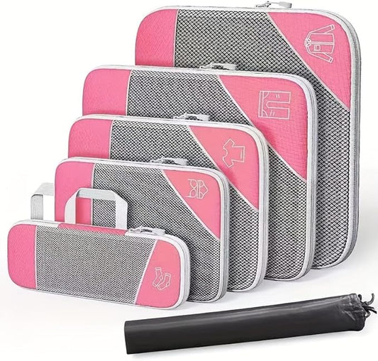 6Pcs Compression Packing Cubes Set, Waterproof Travel Luggage Organizer with Drawstring Bag, Lightweight Nylon Suitcase Storage Bags for Travel Camping Business Trip
