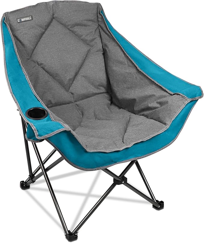 CAMPHILL Folding Camping Chair,Oversized Portable Camping Chair with Cup Holder,Heavy Duty Padded Lawn Chair for Camping,Tailgates,Beach,and Sports,Lake Blue