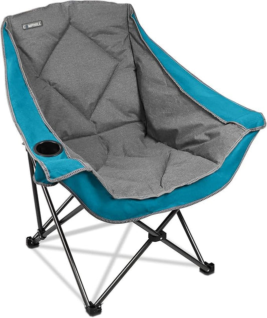 CAMPHILL Folding Camping Chair,Oversized Portable Camping Chair with Cup Holder,Heavy Duty Padded Lawn Chair for Camping,Tailgates,Beach,and Sports,Lake Blue