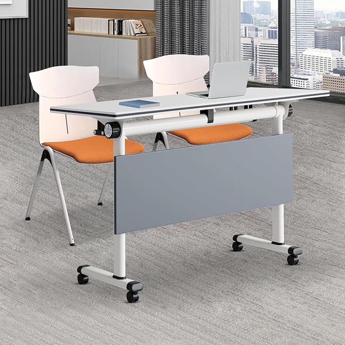 55 INCH Flip-Top Folding Meeting Table – Compact Mobile Seminar Desk with Lockable Casters, Durable Steel Frame for Office & Classroom Use