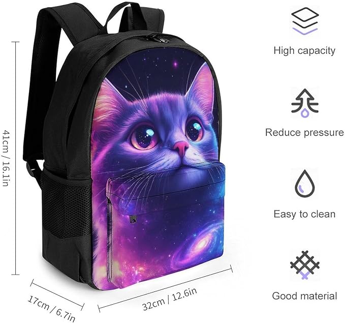 Supdreamc Lightweight Rucksacks for Climbing Outdoors Walking Cycling, Large Capacity Anti-Theft Multipurpose Carry On Bag, Funny Purple Galaxy Cat Camping Outdoor Backpack