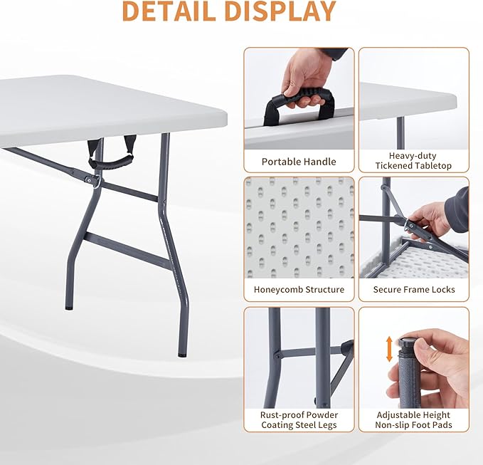 BOOSDEN 5 Foot Folding Table - Portable Plastic Fold-in-Half Utility Table With Carrying Handle for Indoor Outdoor Use - Picnic, Party, Camping, Banquet