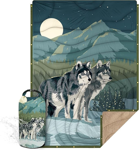 Outdoor Camping Blanket with Sherpa Lining, Extra Warm Thick Camp Blankets and Puffy Ultralight Soft Poncho DWR Camping Quilt for Cold Weather, Adventure, Sleeping, Backpacking 78"x 56"