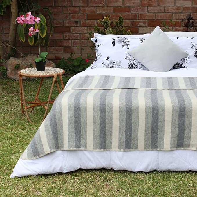 Thick Alpaca Wool Blanket Heavyweight Camping Outdoors Indoors Soft Peru Twin Size Stripes Design (Soft Gray/Ivory 2, Twin Size)