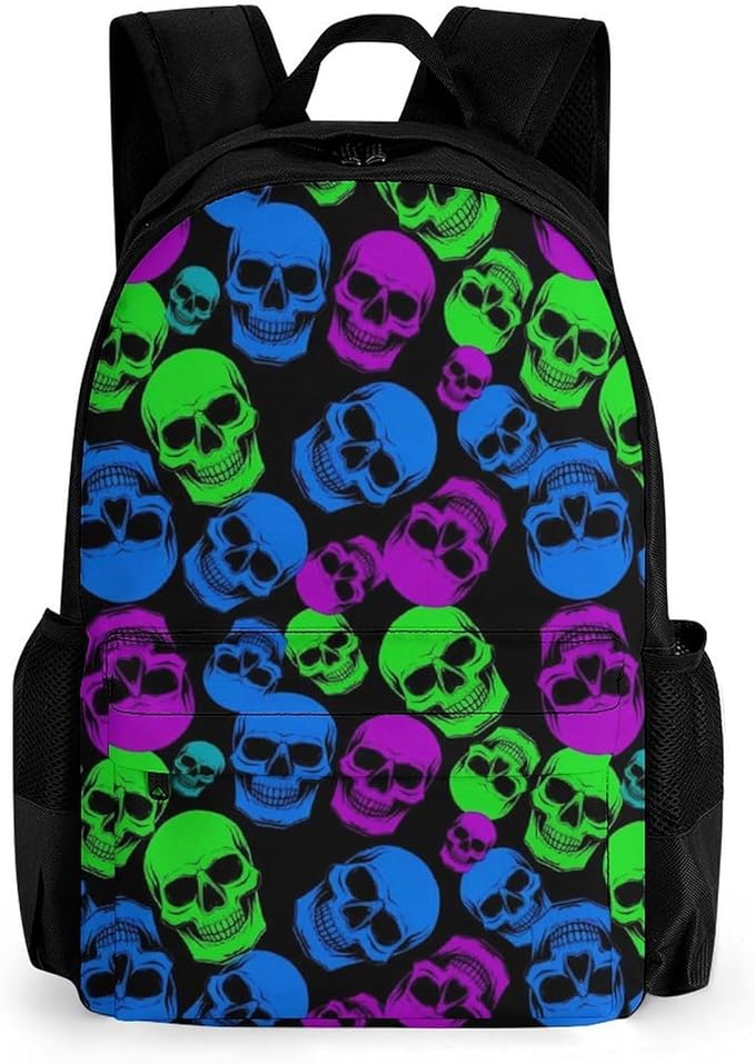Women Men Polyester Funny Goth Skull Art Casual Daypack Large Capacity Bookbag With Side Pockets for Sports Picnic Walking Cycling
