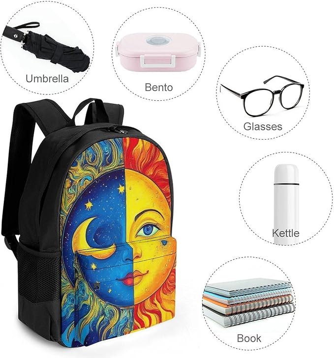 Supdreamc Men Women Polyester Blue Yellow Sun Moon Art Casual Daypack Large Capacity Carry On Bag With Adjustable Shoulder Straps for Camping Work Running