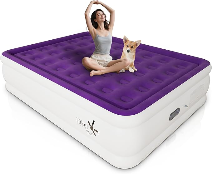 Full Air Mattress with Built in Pump, Inflatable Mattress for Home, Blow up Air Bed 3 Min Quick Inflation and Deflation, Thin Velvet Top, 18'' Full Size Purple