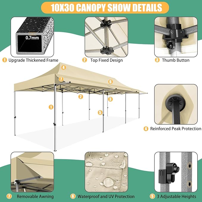COBIZI 10x30 Pop Up Canopy Tent with Awning,Heavy Duty Canopy UPF 50+ All Season Wind Waterproof Commercial Outdoor Street Vendors Party Tents for Parties Canopy with Roller Bag(10 x 30 ft Khaki)