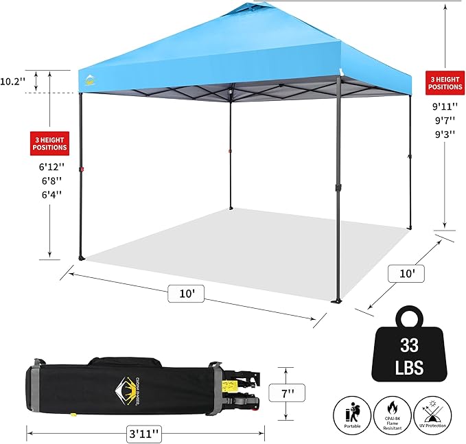 CROWN SHADES 10x10 Pop Up Canopy Tent - Patented Center Lock One Push Instant Outdoor Canopy Beach Tent with STO-N-Go Bag 8 Stakes & 4 Sand Bags，Sky Blue