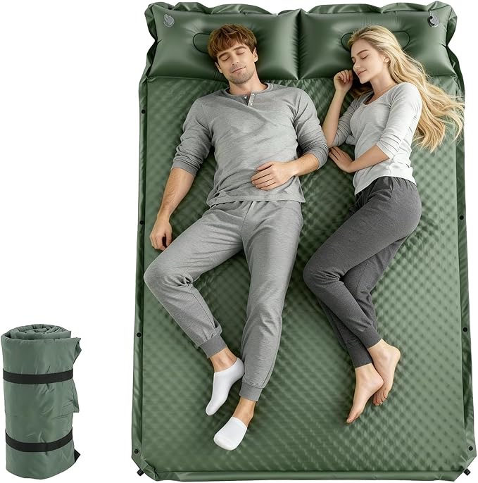 Double Camping Sleeping Pad with Pillow, 2" Memory Foam Camping Mattress 2 Person, 5R Insulated Self Inflating Camping Pad, Air Mattress Inflatable Sleeping Mat for Tent, Backpacking, Hiking (Green)