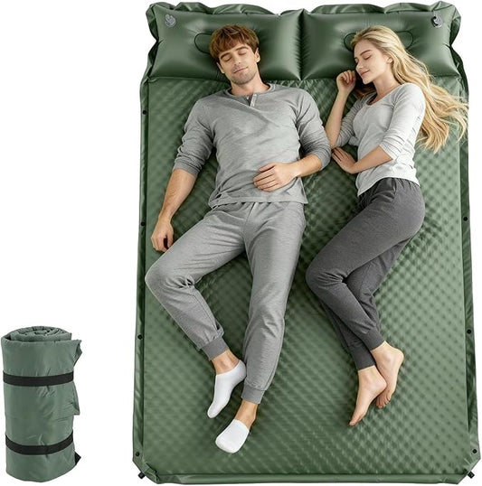 Double Camping Sleeping Pad with Pillow, 2" Memory Foam Camping Mattress 2 Person, 5R Insulated Self Inflating Camping Pad, Air Mattress Inflatable Sleeping Mat for Tent, Backpacking, Hiking (Green)