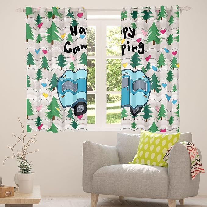 Erosebridal Happy Camping Blackout Curtains for Bedroom Living Room Blue Camper Rv Window Curtains 2 Panels 42" Wx84 L Vehicles Camping Decor Drapes,Watercolor Tree Mountain Window Treatments