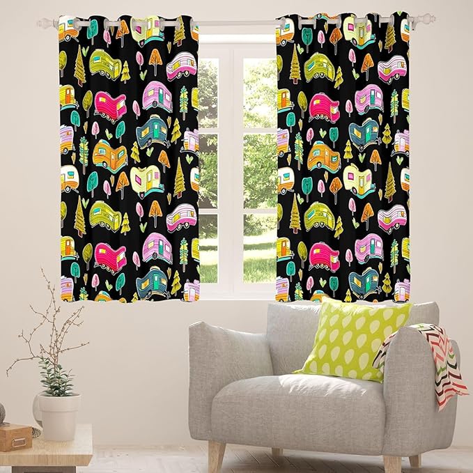 Feelyou Black Camper Camping Curtains for Bedroom Living Room RV Travel Trailer Blackout Shades Camping Theme Room Darkening Curtain Window Treatments, 2 Panels 42 x 63 Inch Decor