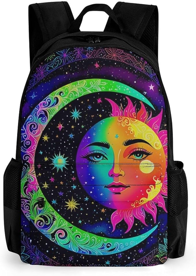 Supdreamc Men Women Polyester Psychedelic Sun And Moon Art Casual Daypack Large Capacity Carry On Bag With Adjustable Shoulder Straps for Camping Work Running