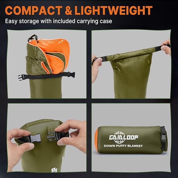 Down Puffy Blanket for 2 Person Car Camping Outdoor Travel Backpacking, 80% Duck Down & 20% Feather Lightweight Portable Soft Warm Cozy Camping Blanket Quilt, Olive Green