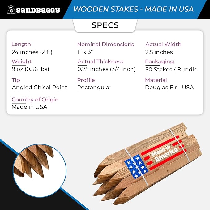 Sandbaggy 2 Ft Wood Stakes (1" X 3" X 24") - Made in The USA - 3" Extra Wide Stakes for Concrete Forms, Garden, Yard, Grading, Survey, Plants, Signs (Douglas Fir Wood, 50)