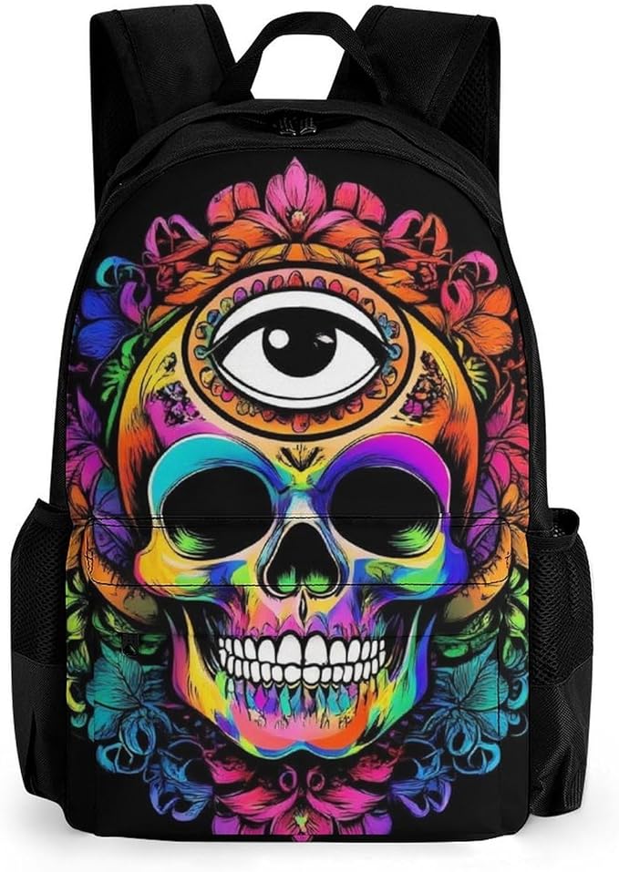 Men Women Lightweight Skull Head Lotus Art Backpack Large Capacity Bookbag With Smooth Zippers for Gym Business Running