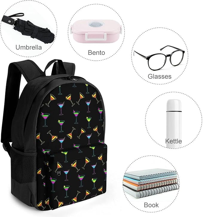 Supdreamc Polyester Daypack Backpack for Sports Travel Running, Big Capacity Anti-Theft Multipurpose Carry On Bag, Martini Evening Laptop Book Bag Rucksack