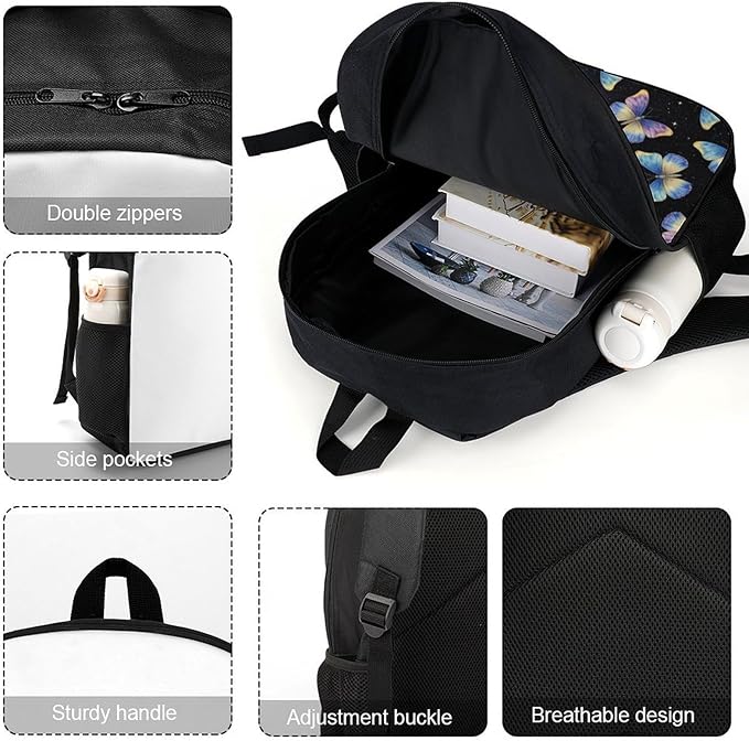 Shoulder BookBags Pueple Blue Butterfly Sports Outdoor Running, Camping Backpack Men Women