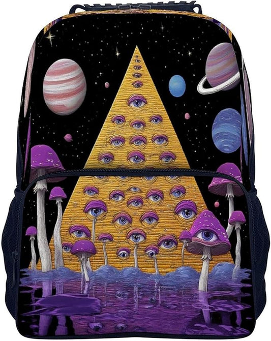 Shoulder Book Bags Polyester Multipurpose Anti-Theft Trippy Egyptian Pyramid Eye Mushroom Art Carry On Bag Large Capacity Travel Hiking Camping Rucksack