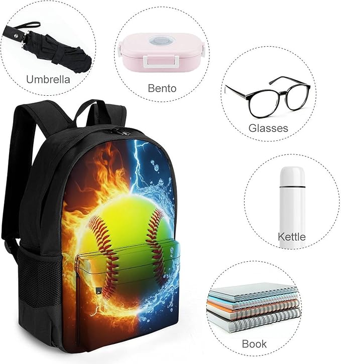 Men Women Polyester Ice Water Fire Flame Softball Baseball Daypack Bookbag Big Capacity Shoulder Bag With Padded Straps for Climbing Travel Walking Cycling
