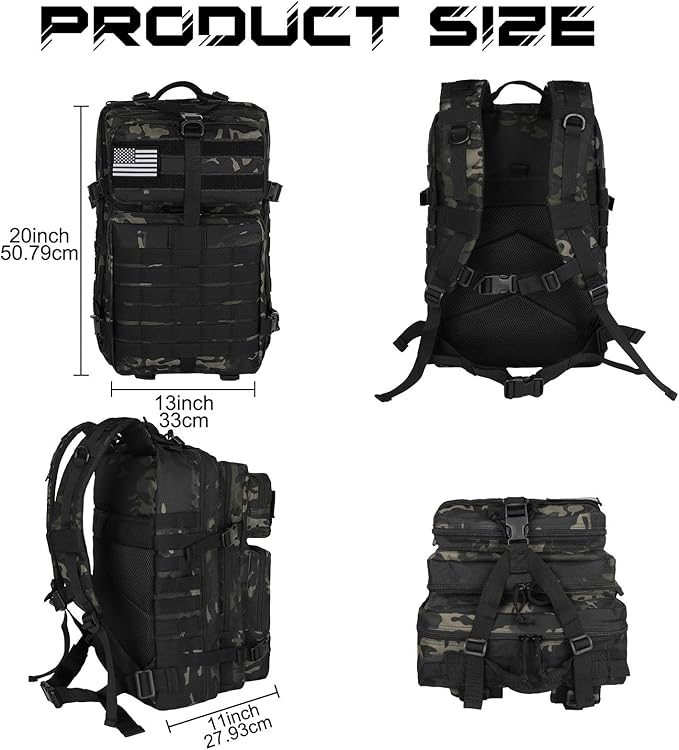 WOLT Military Tactical Backpack for Men 45L Molle Backpack 3 Day Assault Pack Bug Out Bag, Heavy Duty Rucksack for Hiking Gym, Camouflage Black