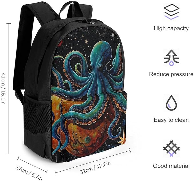 Supdreamc Men Women Lightweight Octopus On The Moon Holding Stars Planet Art Backpack Large Capacity Carry On Bag With Padded Straps for Sports Work Walking Cycling